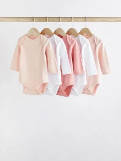 Pink/White 5 Pack Essential Long Sleeve Baby Bodysuits