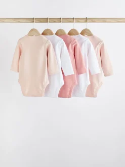 Pink/White 5 Pack Essential Long Sleeve Baby Bodysuits