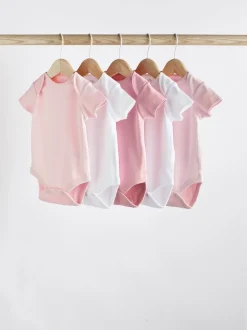 Pink/White 5 Pack Essential Short Sleeve Baby Bodysuits