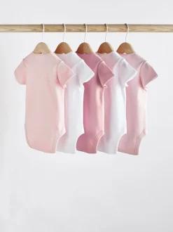 Pink/White 5 Pack Essential Short Sleeve Baby Bodysuits