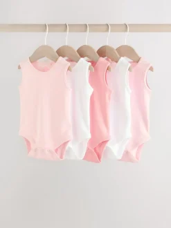 Pink/White 5 Pack Essential Vest Baby Bodysuits