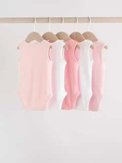 Pink/White 5 Pack Essential Vest Baby Bodysuits