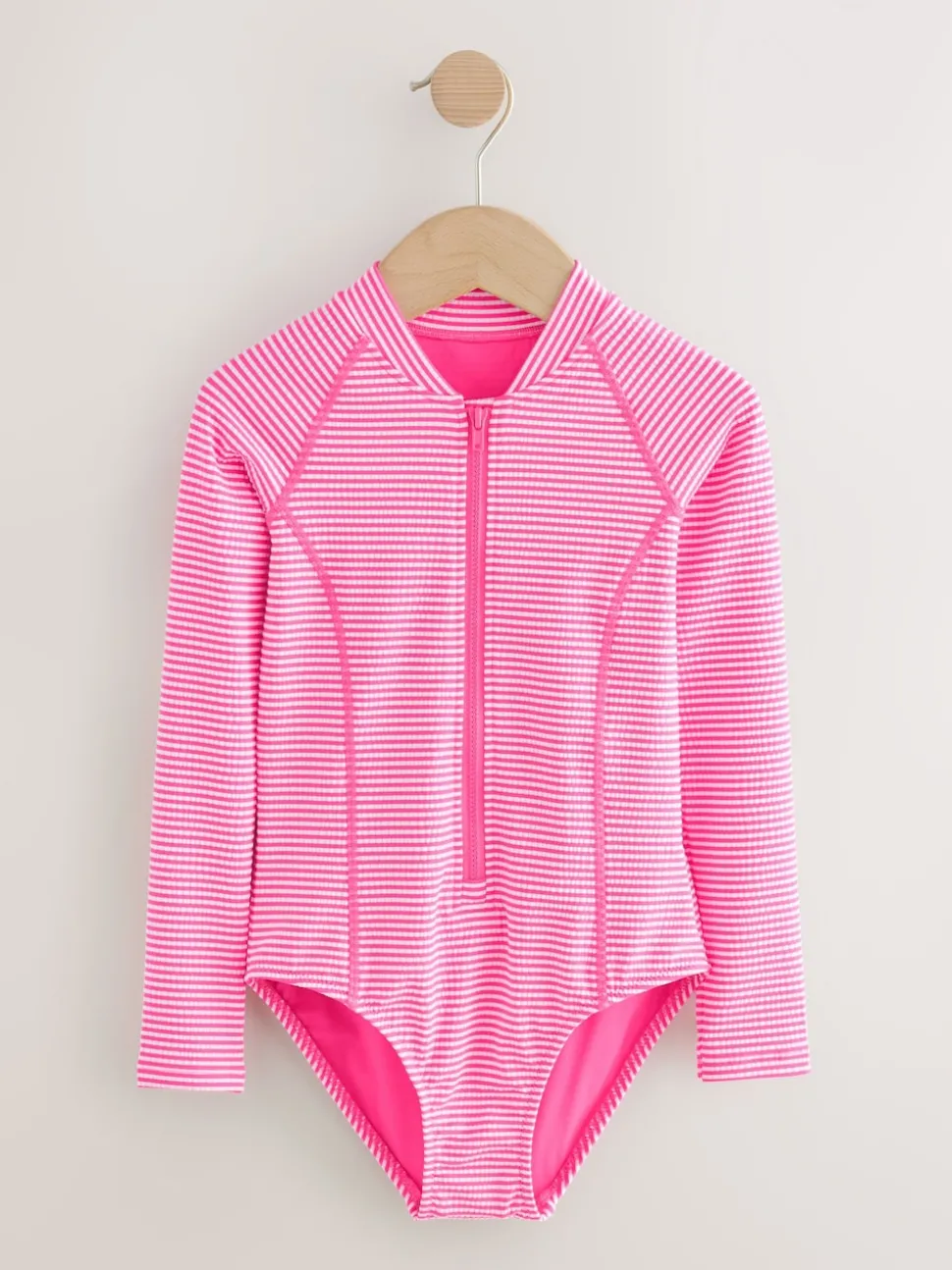 Pink/White Stripe Textured Long Sleeve Sunsafe Swimsuit (3-16yrs)