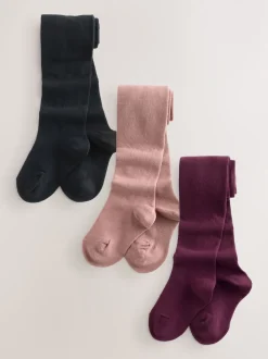 Plum Red Pink and Black 3 Pack Cotton Rich Tights