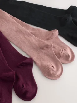 Plum Red Pink and Black 3 Pack Cotton Rich Tights