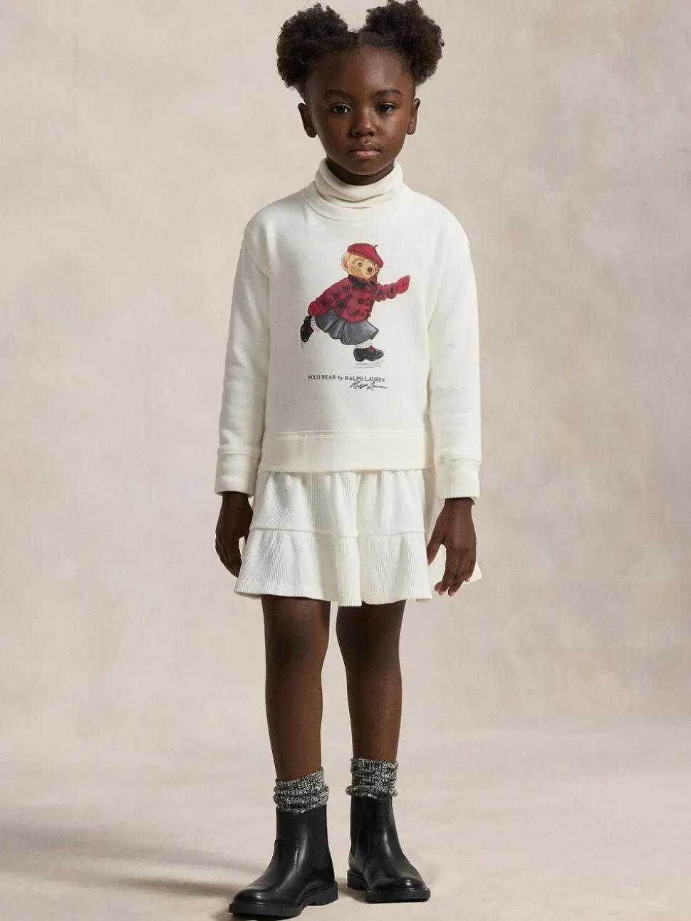 Polo Ralph Lauren Cream Girls Skate Bear Knit Pleat Dress
