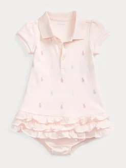 Polo Ralph Lauren Pink Baby All-Over-Pony Print Polo Ruffle Dress Romper