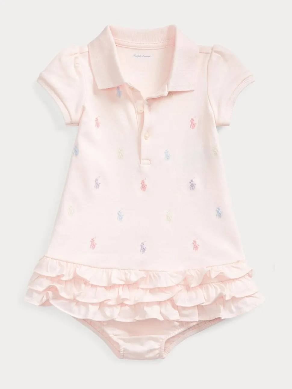 Polo Ralph Lauren Pink Baby All-Over-Pony Print Polo Ruffle Dress Romper