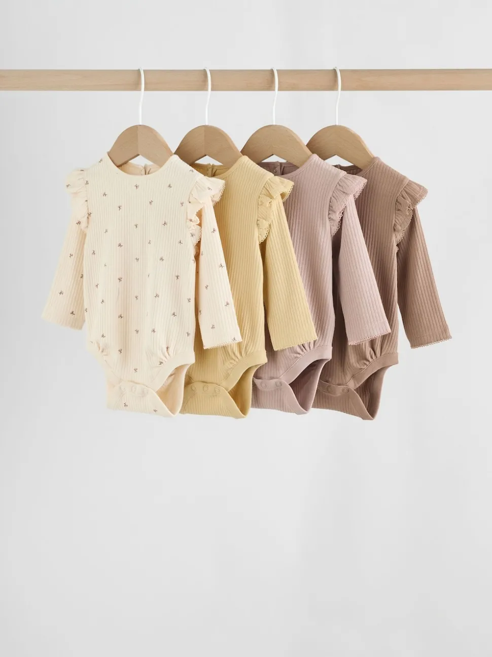 Purple/Yellow/Cream Ditsy Baby Long Sleeve Frill Bodysuits 4 Pack (0mths-2yrs)