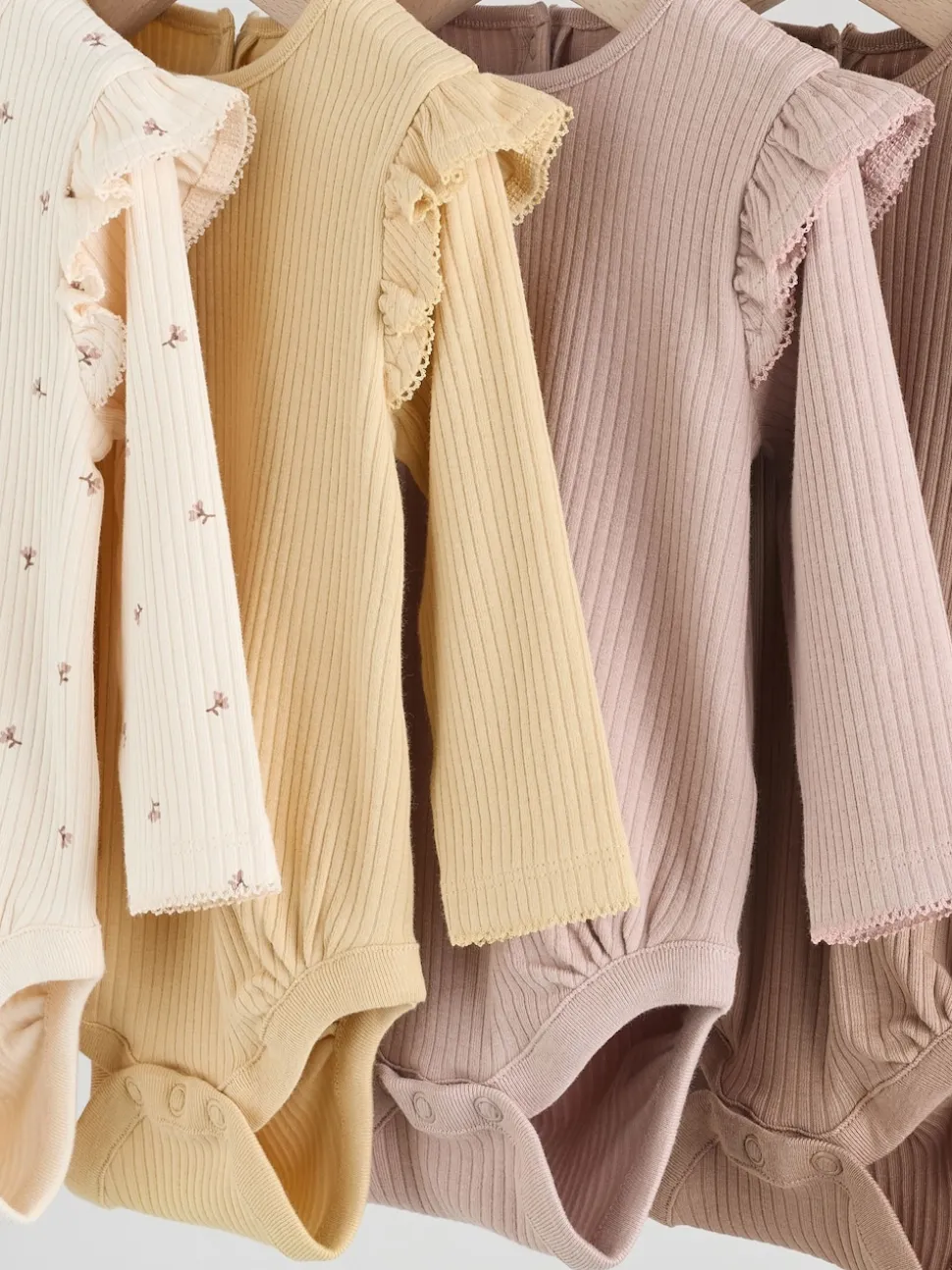 Purple/Yellow/Cream Ditsy Baby Long Sleeve Frill Bodysuits 4 Pack (0mths-2yrs)
