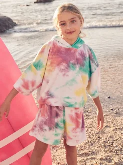 Rainbow Tie-Dye Towelling Beach Co-Ord Hoodie And Shorts Set (3-16yrs)