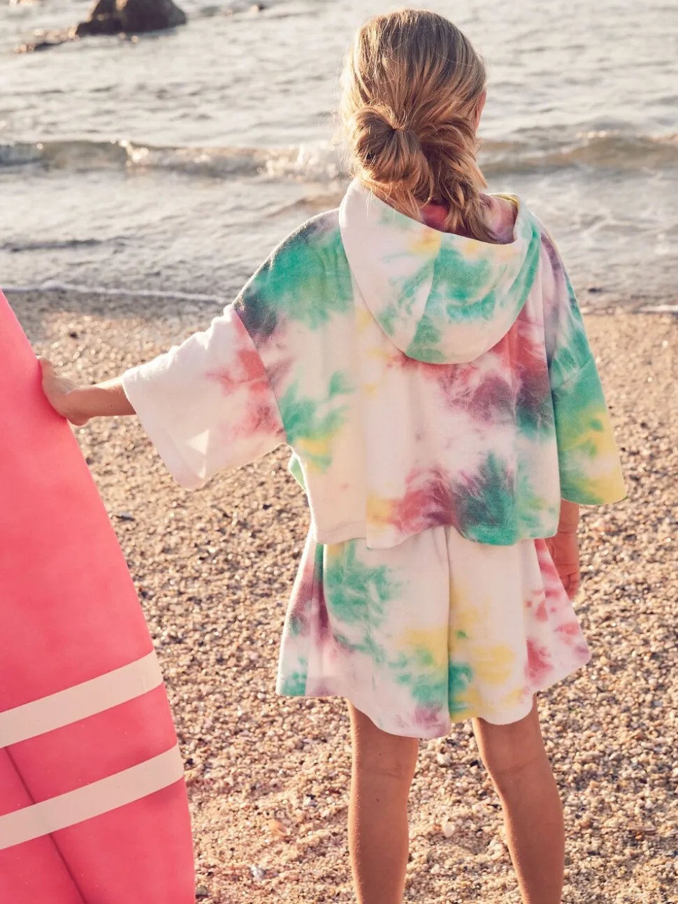 Rainbow Tie-Dye Towelling Beach Co-Ord Hoodie And Shorts Set (3-16yrs)