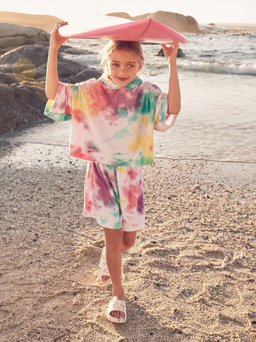 Rainbow Tie-Dye Towelling Beach Co-Ord Hoodie And Shorts Set (3-16yrs)
