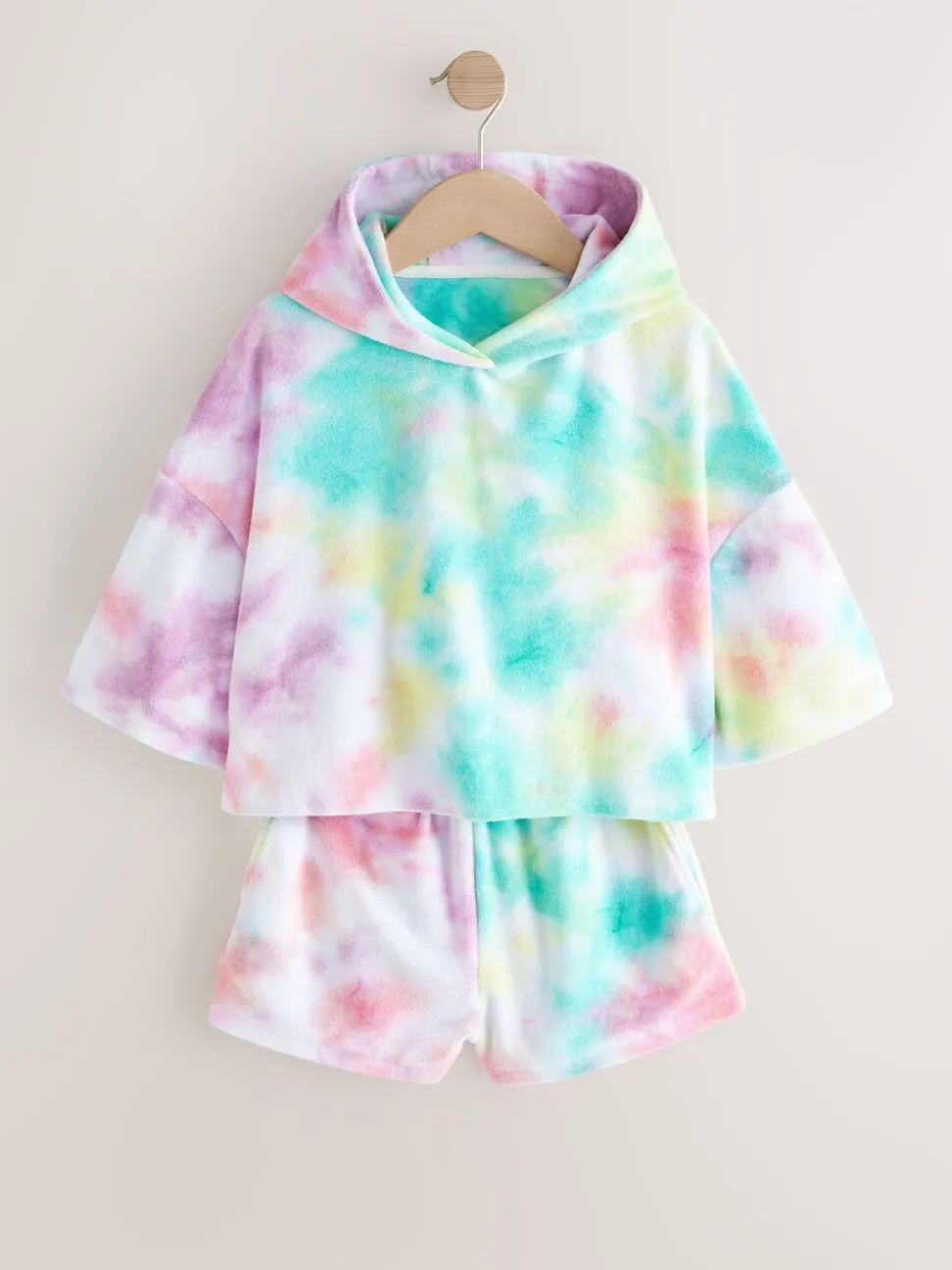 Rainbow Tie-Dye Towelling Beach Co-Ord Hoodie And Shorts Set (3-16yrs)