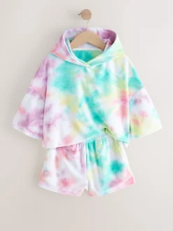Rainbow Tie-Dye Towelling Beach Co-Ord Hoodie And Shorts Set (3-16yrs)
