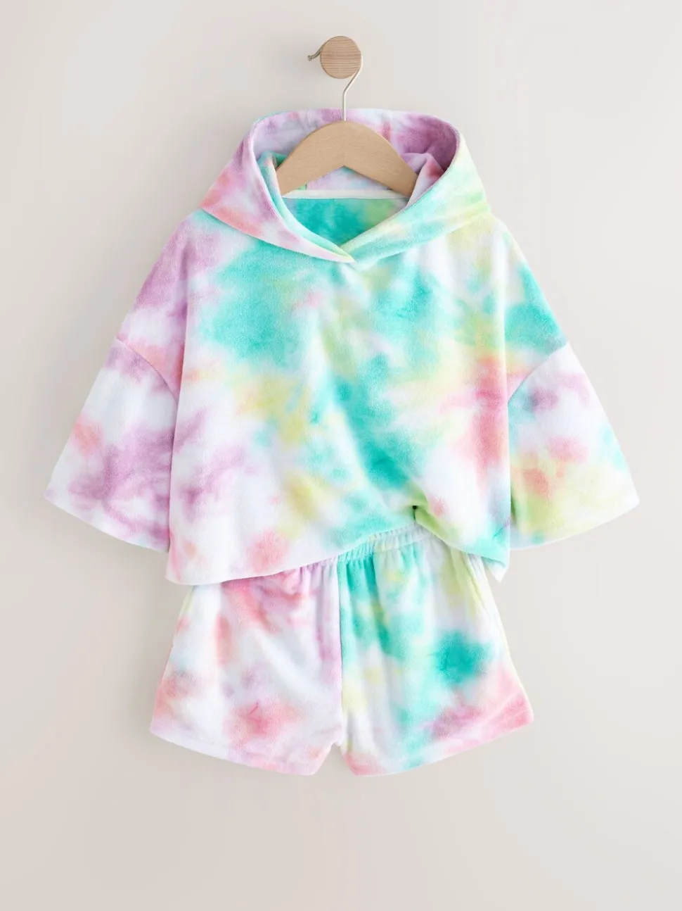 Rainbow Tie-Dye Towelling Beach Co-Ord Hoodie And Shorts Set (3-16yrs)