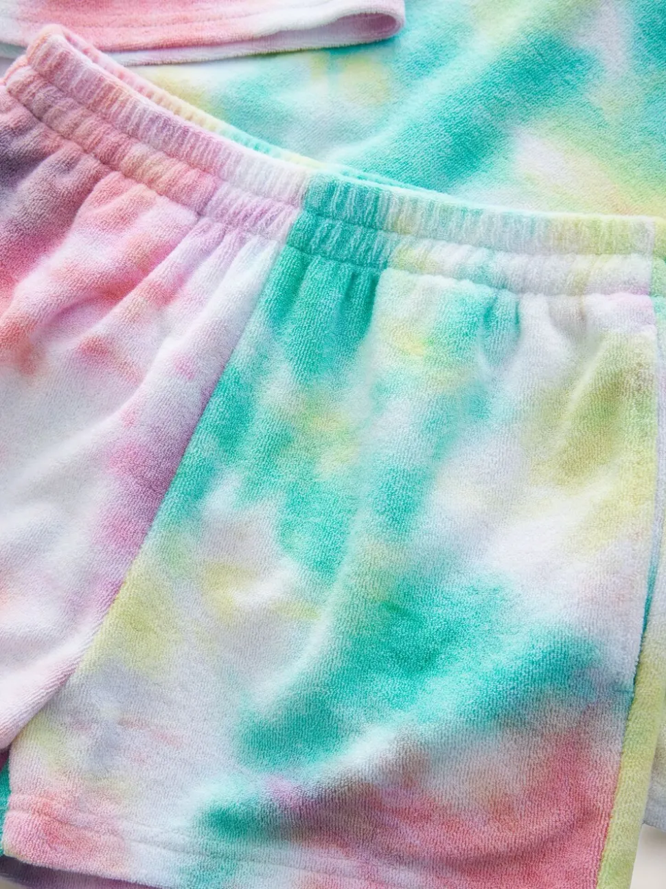 Rainbow Tie-Dye Towelling Beach Co-Ord Hoodie And Shorts Set (3-16yrs)