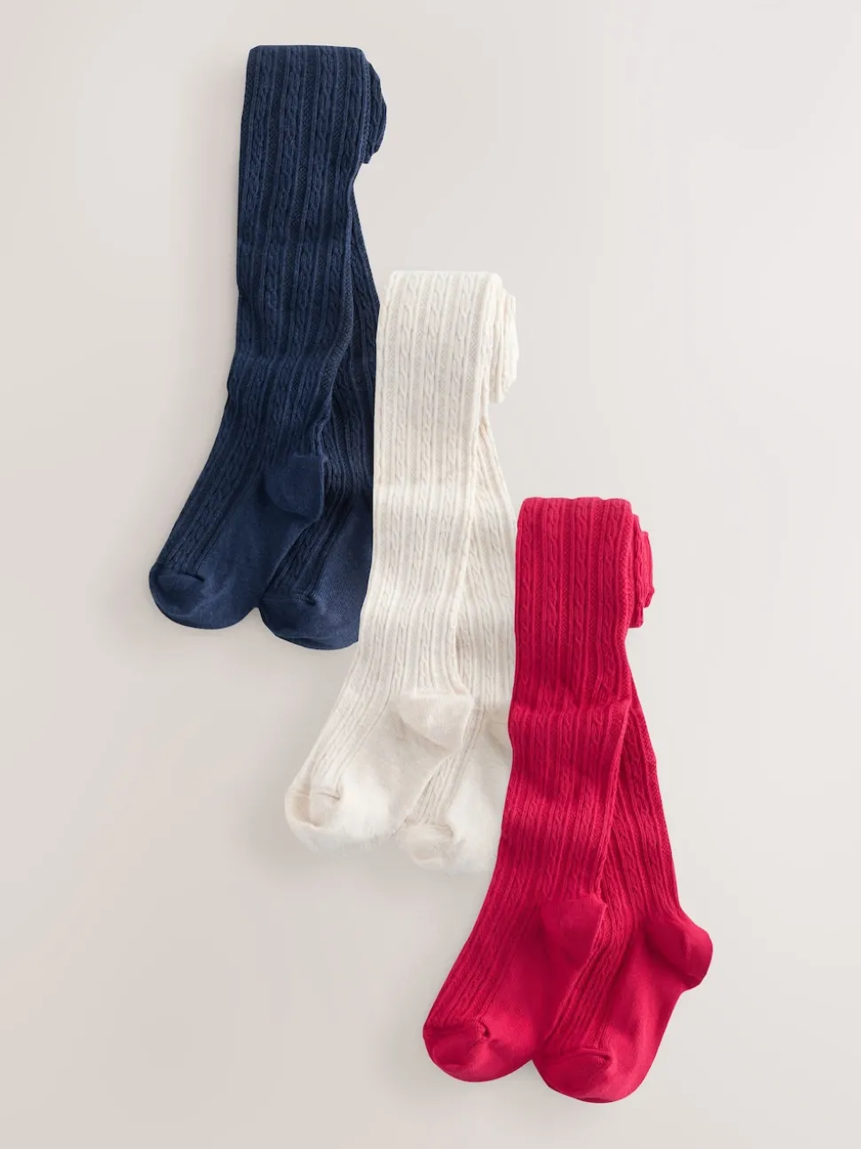 Red Cream and Navy Blue Regular Length Cotton Rich Cable Tights 3 Pack