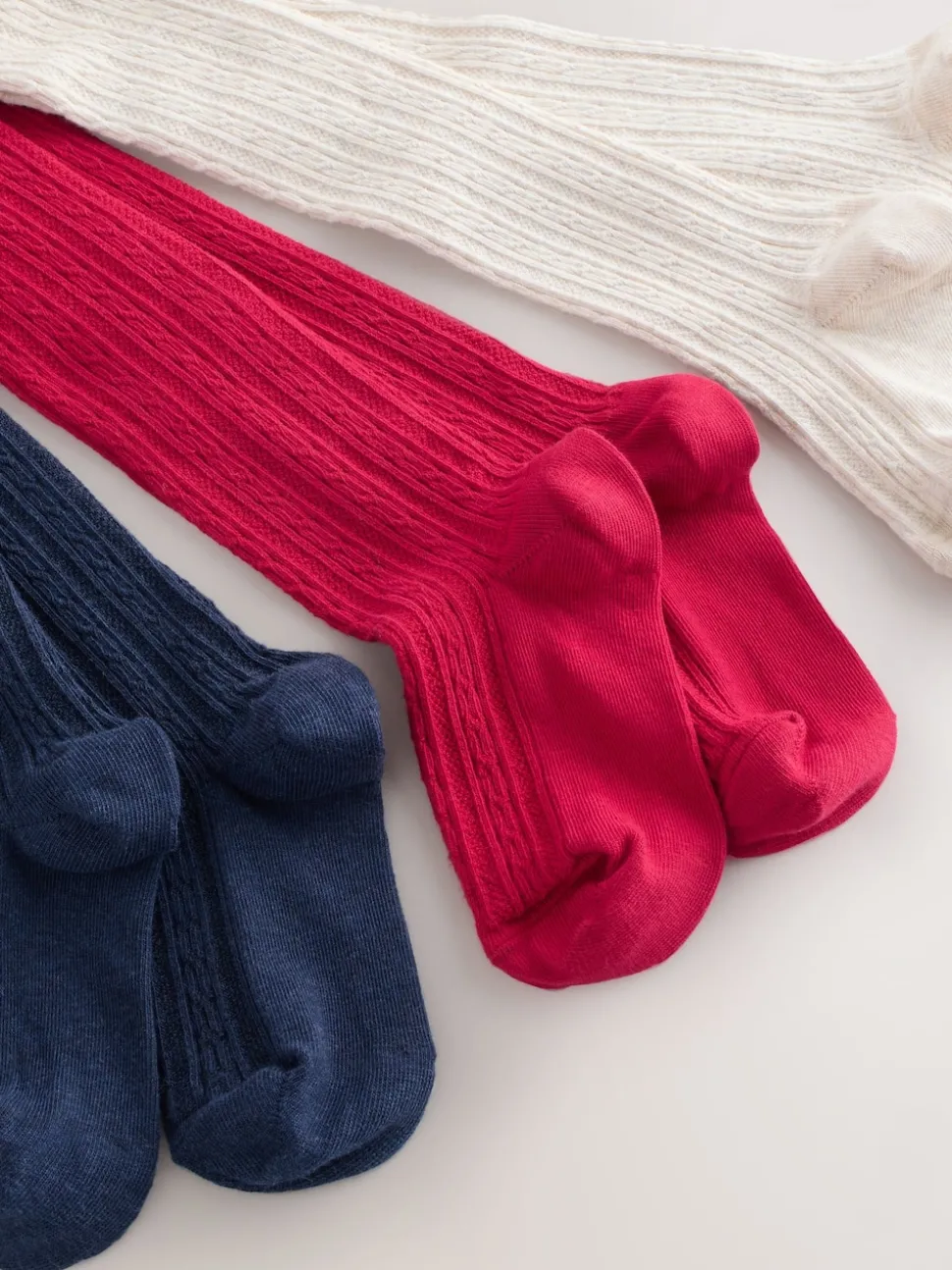 Red Cream and Navy Blue Regular Length Cotton Rich Cable Tights 3 Pack