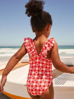 Red Gingham Heart Frill Shoulder Swimsuit (3mths-7yrs)