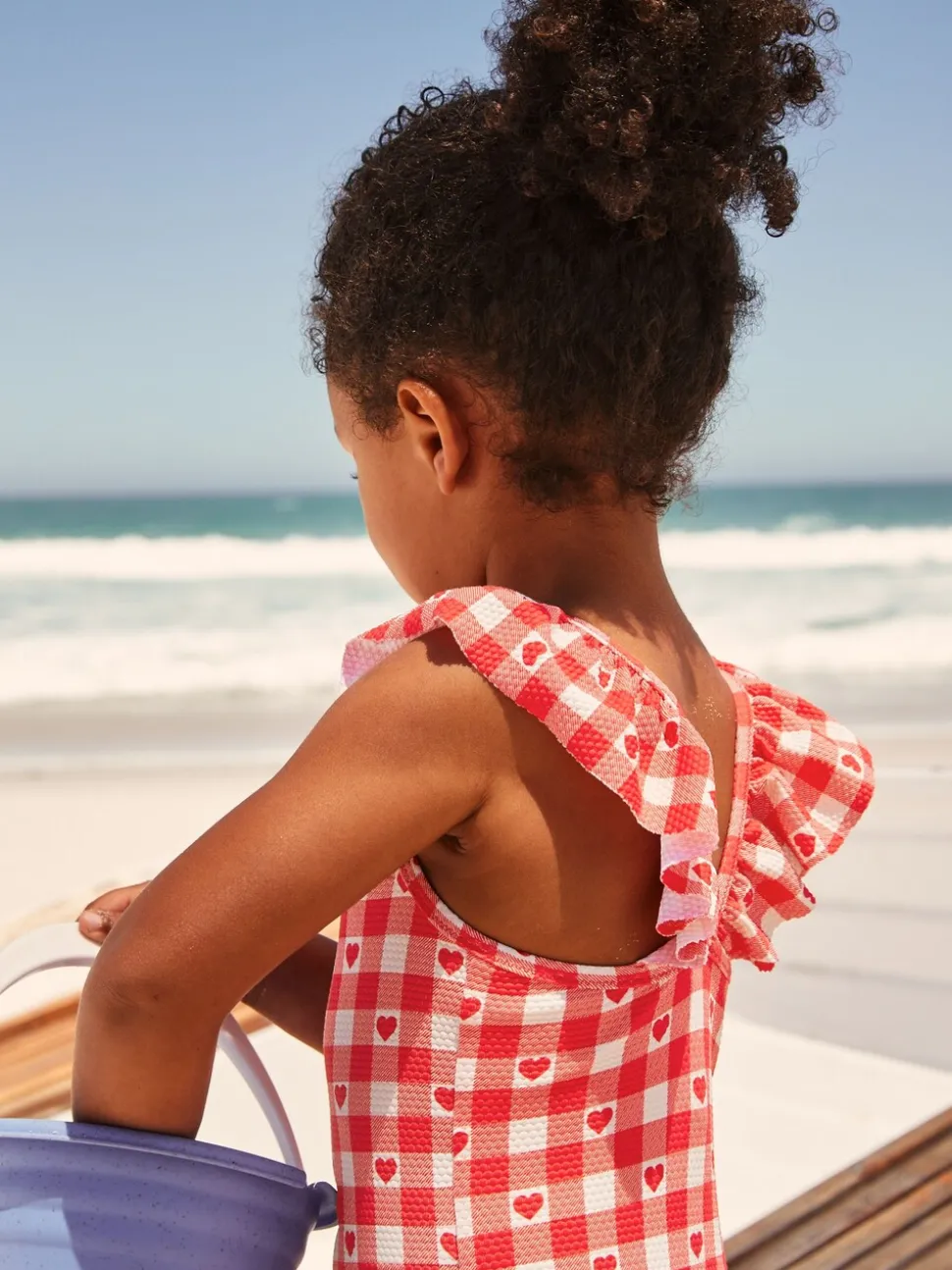 Red Gingham Heart Frill Shoulder Swimsuit (3mths-7yrs)