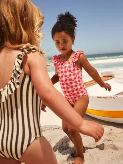 Red Gingham Heart Frill Shoulder Swimsuit (3mths-7yrs)
