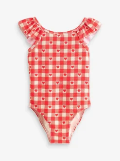 Red Gingham Heart Frill Shoulder Swimsuit (3mths-7yrs)