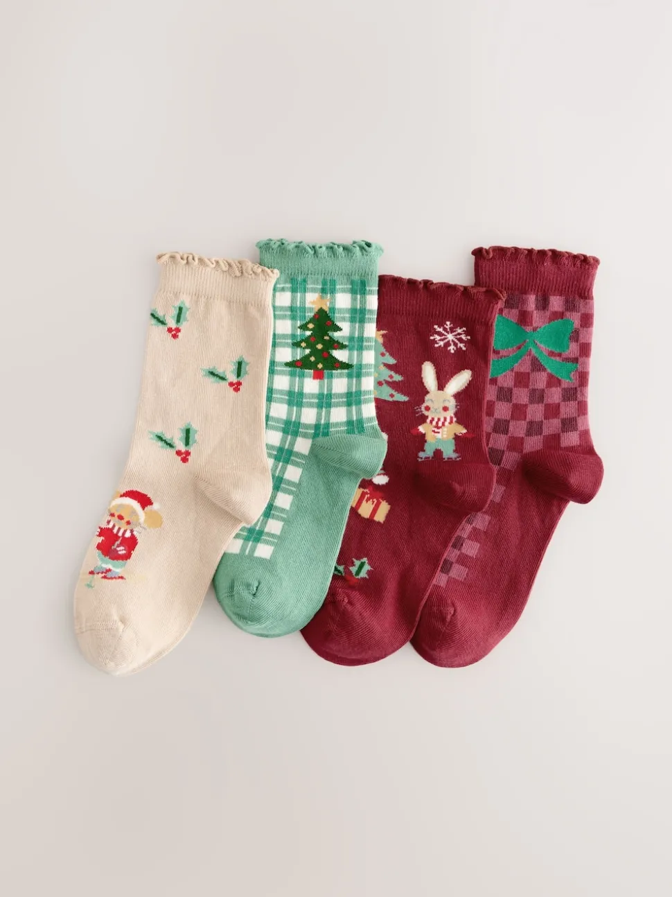 Red/Green and Cream Cotton Rich Christmas Character Ankle Socks 4 Pack