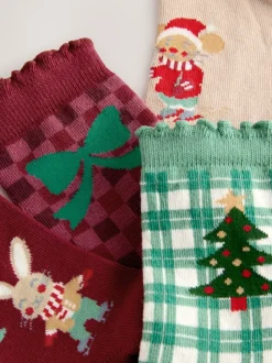 Red/Green and Cream Cotton Rich Christmas Character Ankle Socks 4 Pack