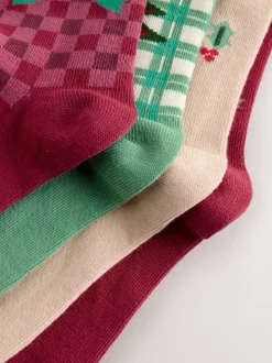 Red/Green and Cream Cotton Rich Christmas Character Ankle Socks 4 Pack