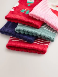 Red Green and Navy Blue Cotton Rich Christmas Character Print Ankle Socks 5 Pack