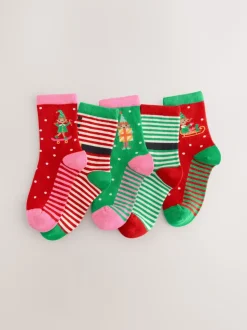 Red/Green Cotton Rich Christmas Character Print Ankle Socks 5 Pack