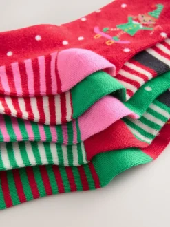 Red/Green Cotton Rich Christmas Character Print Ankle Socks 5 Pack