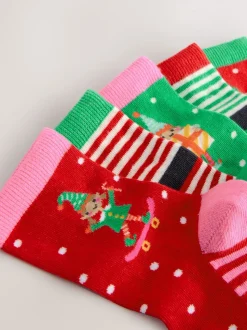 Red/Green Cotton Rich Christmas Character Print Ankle Socks 5 Pack