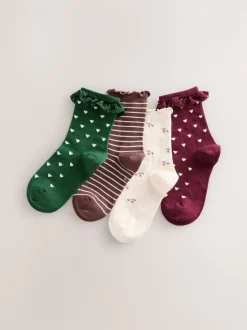 Red, Green,Cream and Brown Cotton Rich Frill/ Fluted Ankle Socks 4 Pack