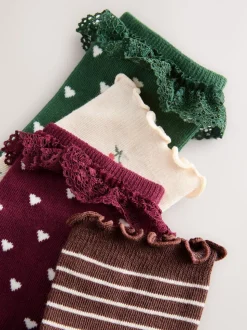 Red, Green,Cream and Brown Cotton Rich Frill/ Fluted Ankle Socks 4 Pack