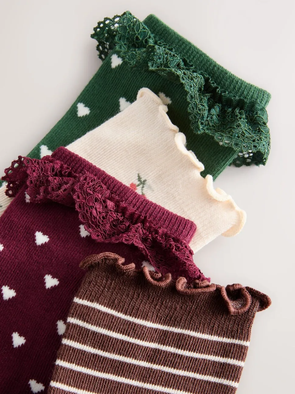 Red, Green,Cream and Brown Cotton Rich Frill/ Fluted Ankle Socks 4 Pack