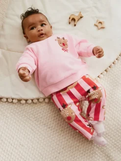 Red/Pink Reindeer Christmas Sweat and Joggers Baby Set (0mths-2yrs)