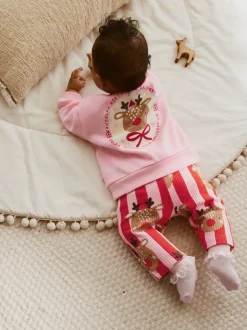 Red/Pink Reindeer Christmas Sweat and Joggers Baby Set (0mths-2yrs)