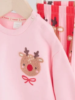 Red/Pink Reindeer Christmas Sweat and Joggers Baby Set (0mths-2yrs)