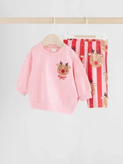 Red/Pink Reindeer Christmas Sweat and Joggers Baby Set (0mths-2yrs)