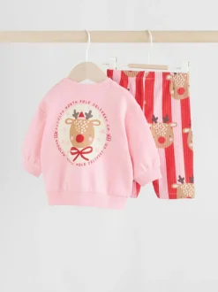 Red/Pink Reindeer Christmas Sweat and Joggers Baby Set (0mths-2yrs)