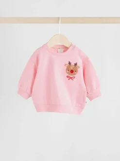 Red/Pink Reindeer Christmas Sweat and Joggers Baby Set (0mths-2yrs)