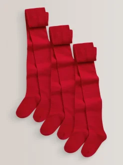 Red Regular Length 3 Pack Cotton Rich School Tights
