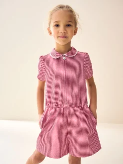 Red Zip Front Cotton Rich Gingham School Playsuit (3-14yrs)