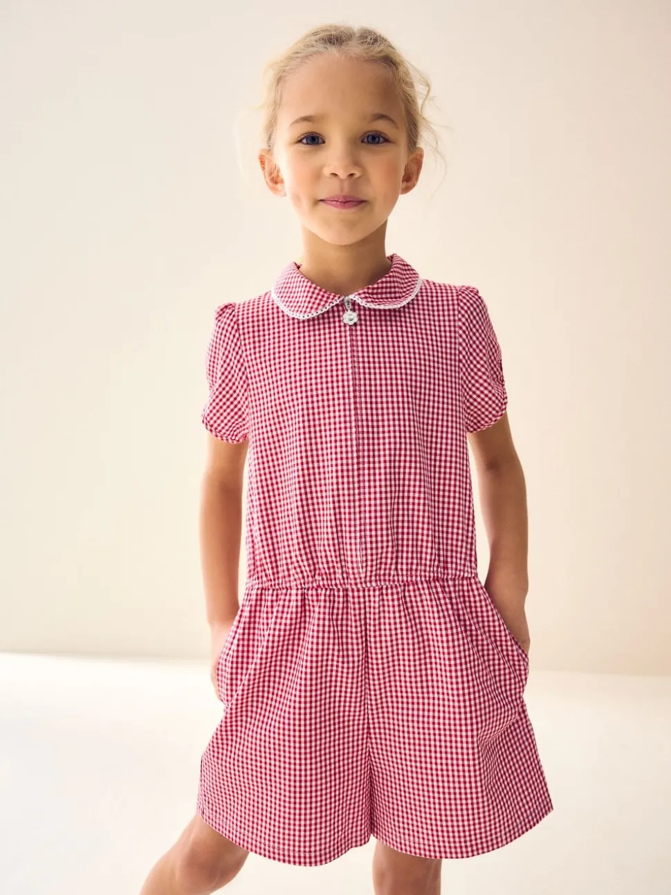 Red Zip Front Cotton Rich Gingham School Playsuit (3-14yrs)