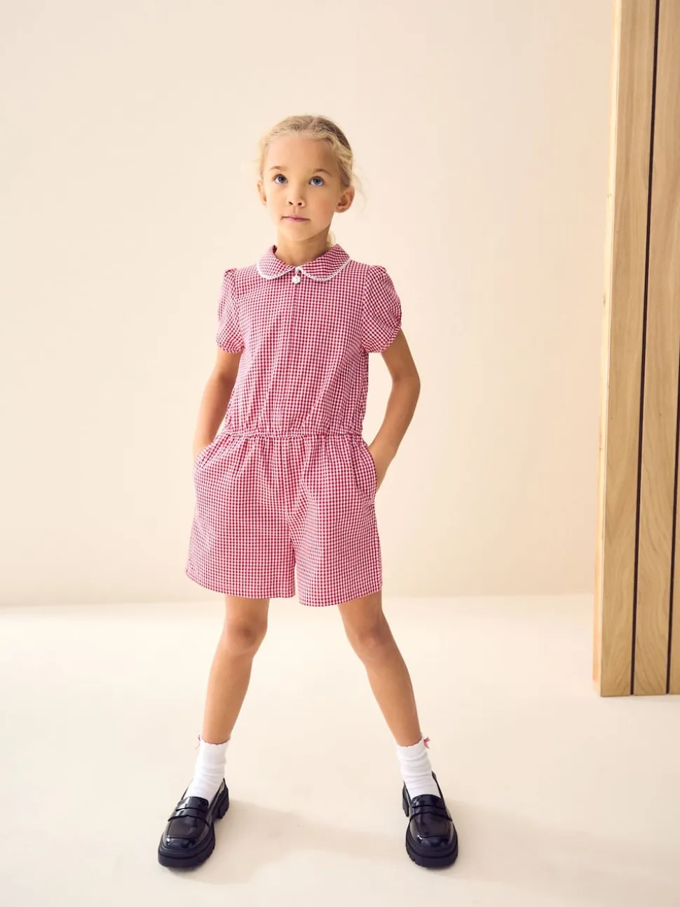 Red Zip Front Cotton Rich Gingham School Playsuit (3-14yrs)