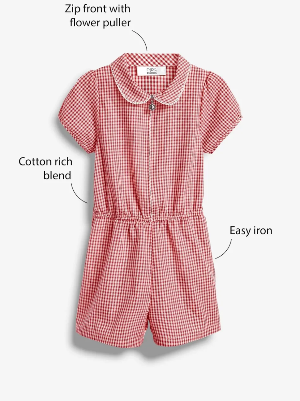 Red Zip Front Cotton Rich Gingham School Playsuit (3-14yrs)