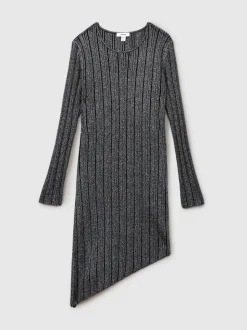 Reiss Black Jayden 9-13 yrs Metallic Ribbed Asymmetric Dress