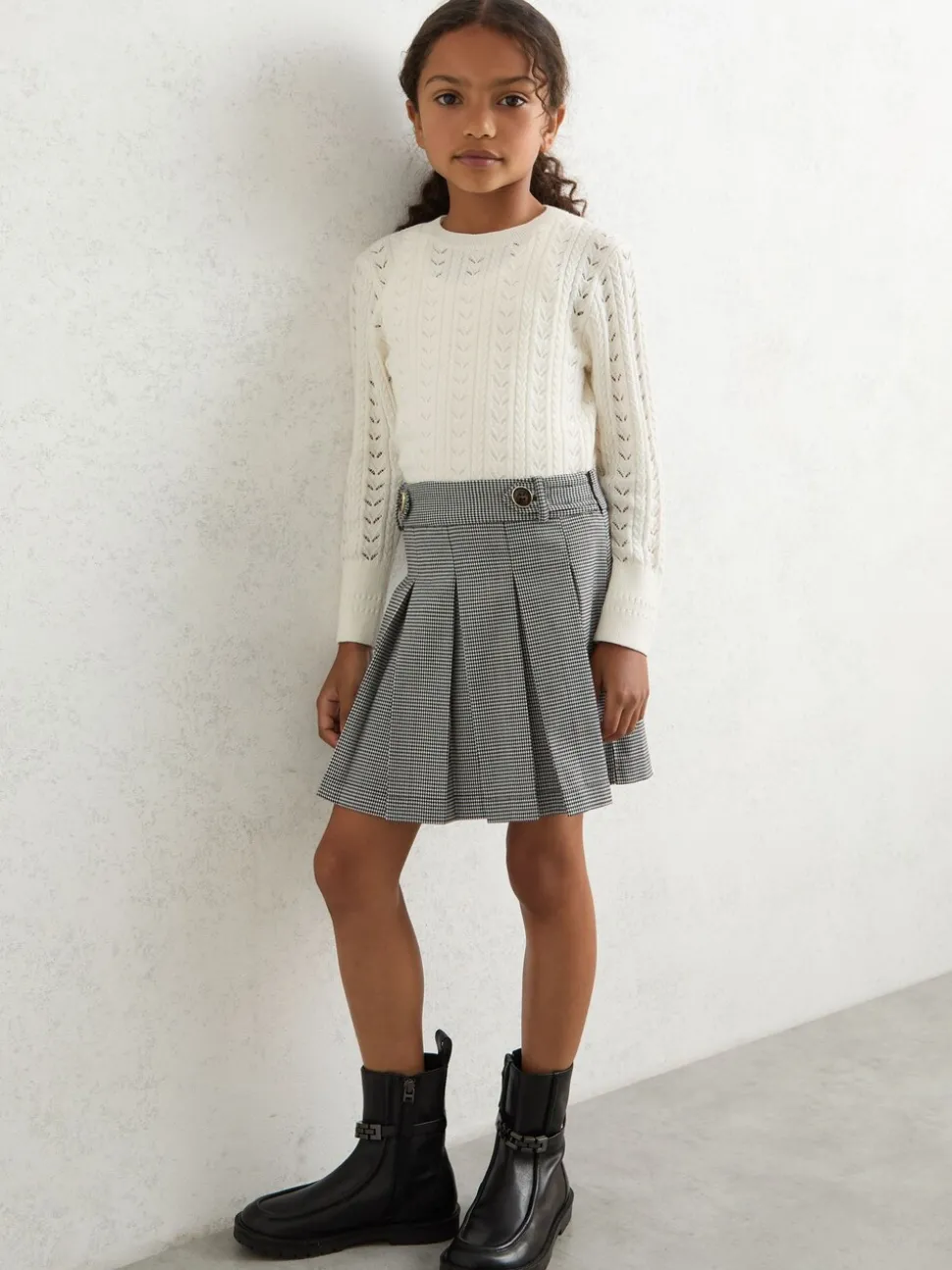 Reiss Black/White Molly 3-9 yrs Houndstooth-Check Pleated Skirt